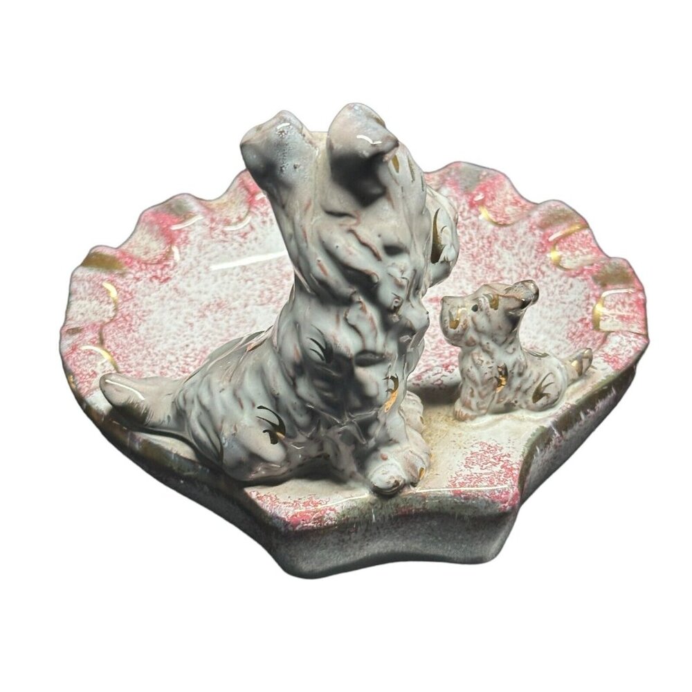 Vintage Scottie Schnauzer Dog Ceramic Ashtray Retro Pink Gold White Trinket Tray - Picture 7 of 14
